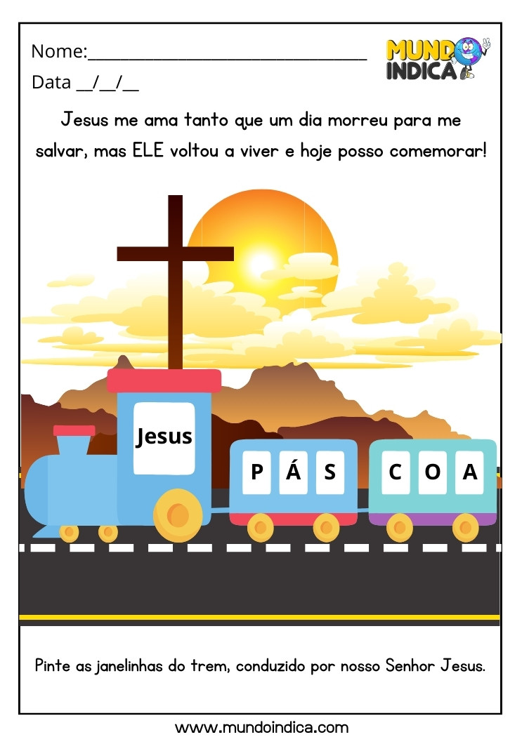 Atividade de Páscoa Cristã Pinte as Janelinhas do Trem Conduzido por Nosso Senhor Jesus para Imprimir