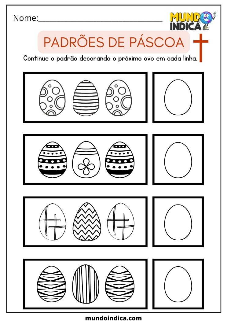 Atividade de Páscoa para Educação Infantil Continue o Padrão Decorando o Próximo Ovo em Cada Linha para Imprimir