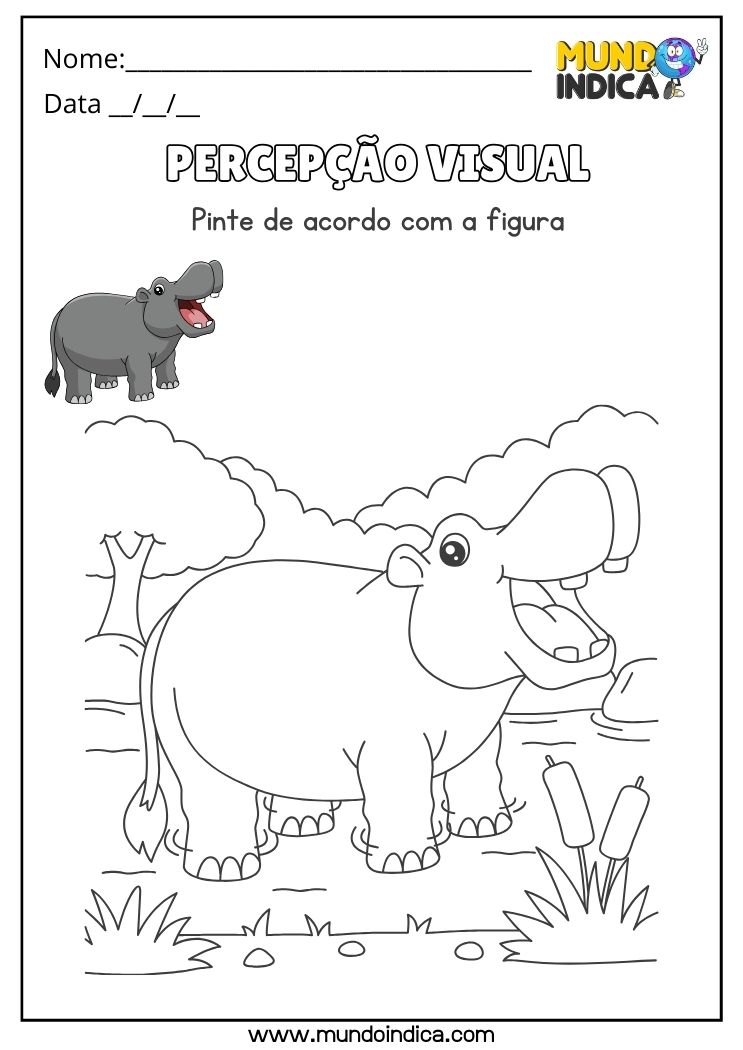 Atividade de Percepção Visual e Pintura do Hipopótamo para Alunos com Tdah para Imprimir