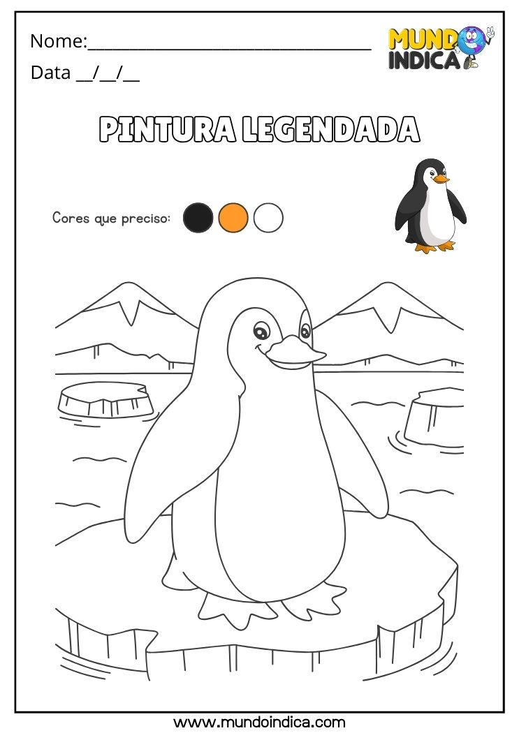 Atividade de Pintura Legendada do Pinguim para Alunos com Deficiência Intelectual para Imprimir