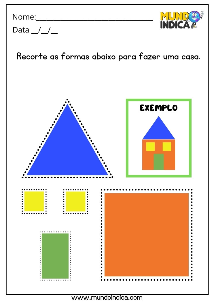 Atividade de Recorte com Formas Geométricas para Construir uma Casa para Crianças Autistas para Imprimir
