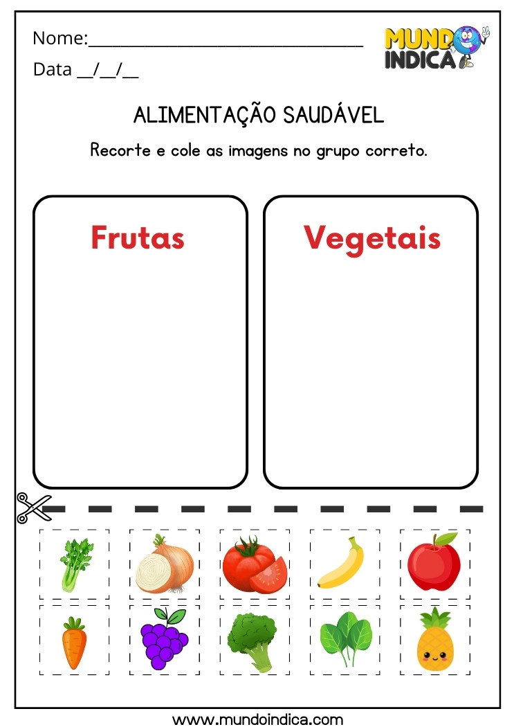 Atividade de Recorte e Colagem das Frutas e Vegetais para Autismo para Imprimir