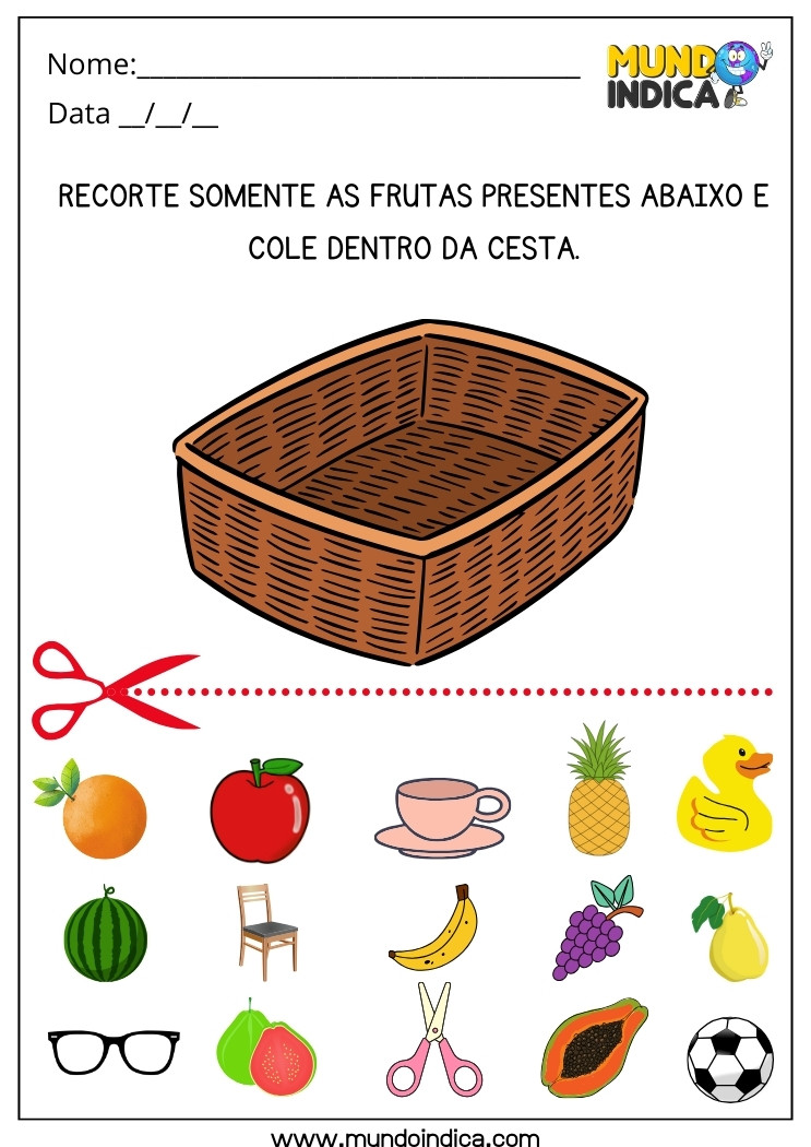 Atividade de Recorte e Colagem das Frutas na Cesta para Autistas para Imprimir