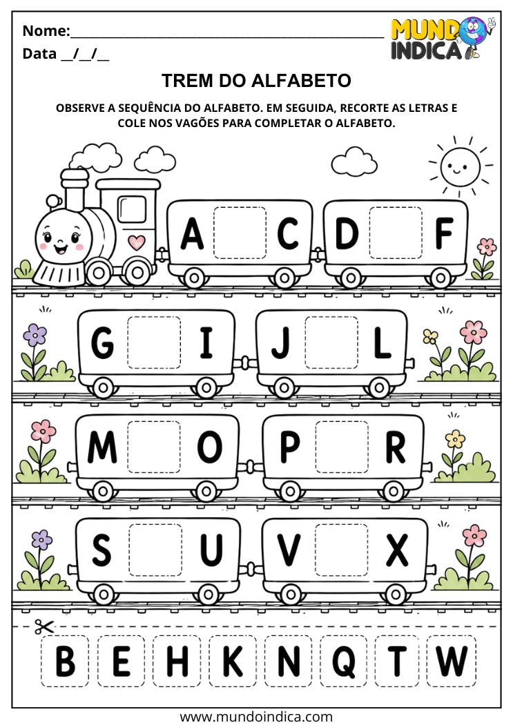 Atividade de Recorte e Colagem das Letras para Completar a Sequência do Alfabeto para Alunos com Autismo para Imprimir