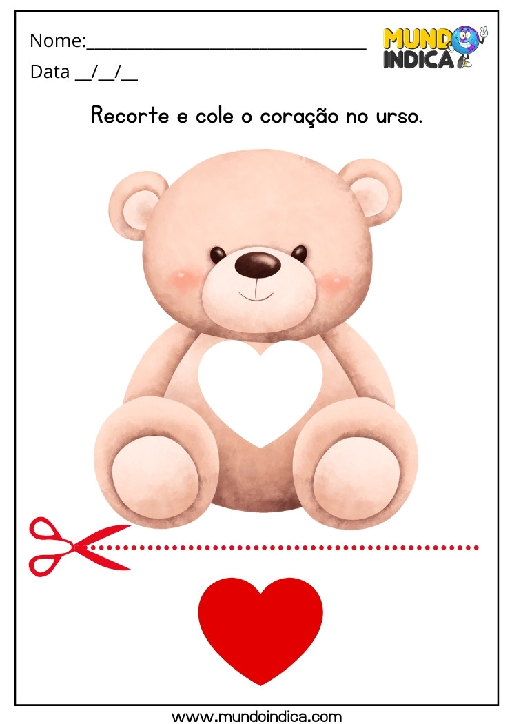 Atividade de Recorte e Colagem do Coração no Urso para Autismo para Imprimir