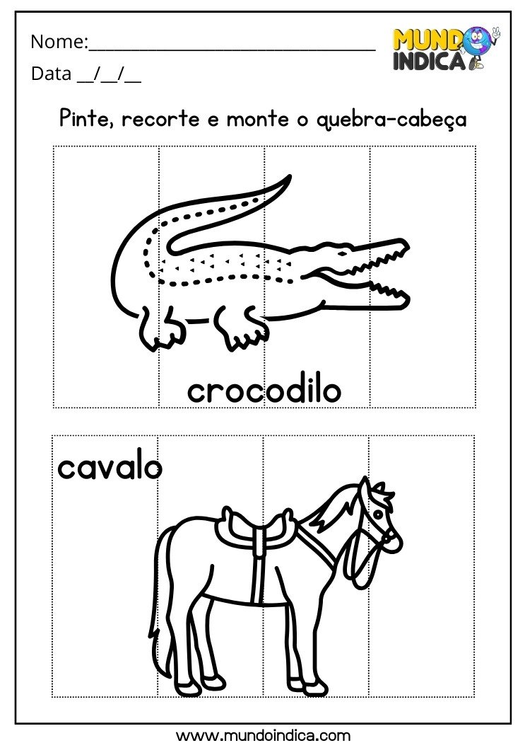 Atividade de Recorte e Colagem do Quebra-cabeça do Crocodilo e do Cavalo para Autismo para Imprimir