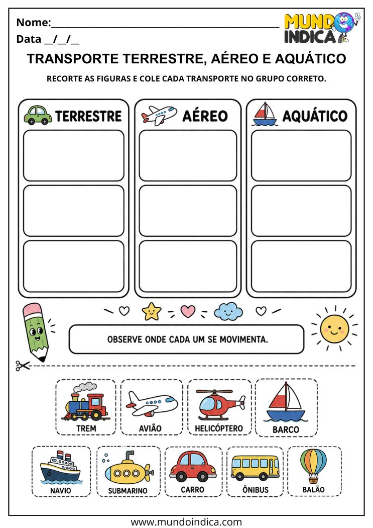 Atividade de Recorte e Colagem dos Meios de Transporte para Alunos com Autismo para Imprimir