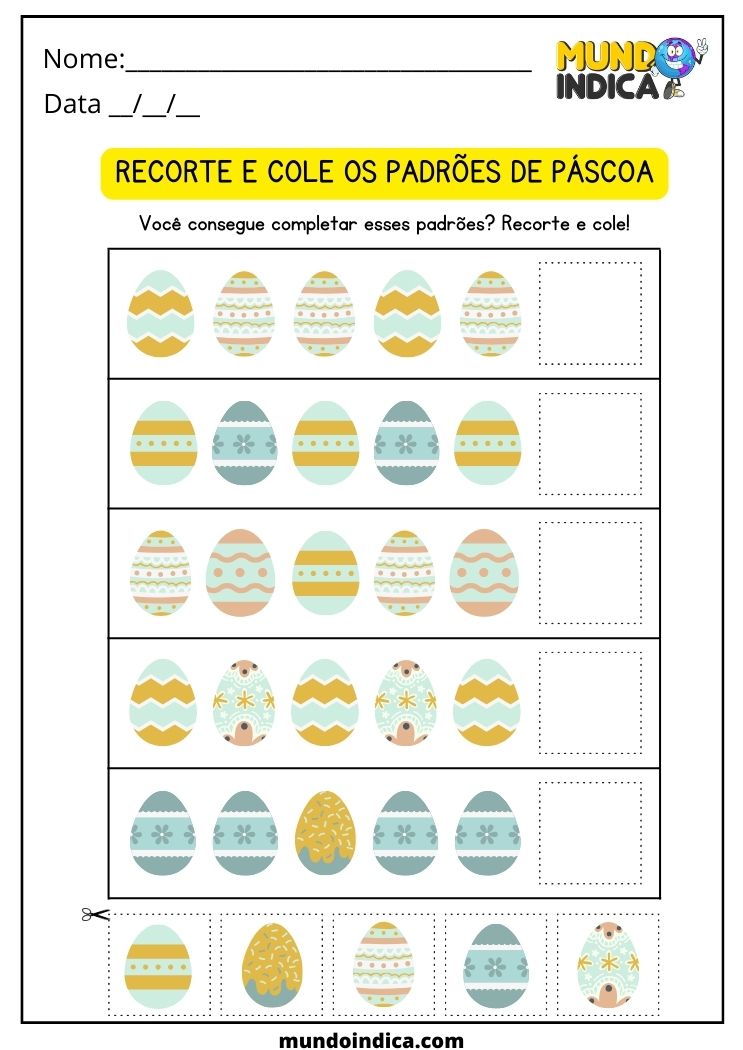 Atividade de Recorte e Colagem dos Padrões dos Ovos de Páscoa para Educação Infantil para Imprimir