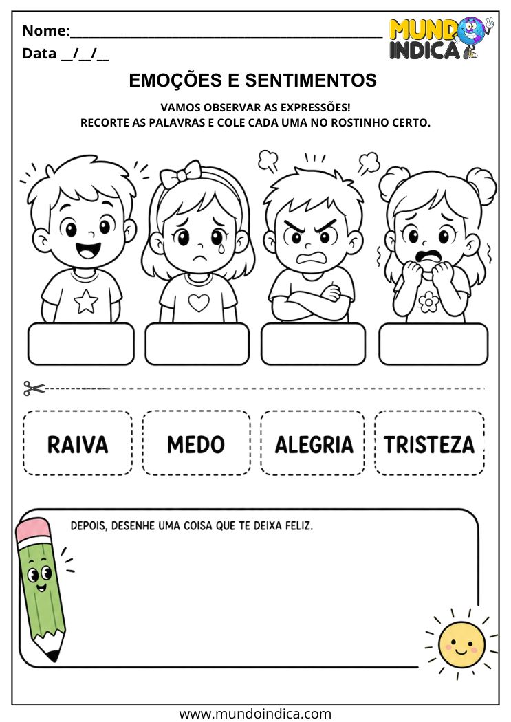 Atividade de Recorte e Colagem sobre Emoções e Sentimentos para Alunos com Autismo para Imprimir