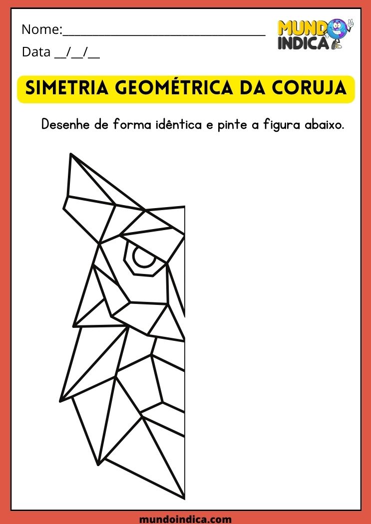 Atividade de Simetria Geométrica da Coruja para Alunos com Deficiência Intelectual para Imprimir