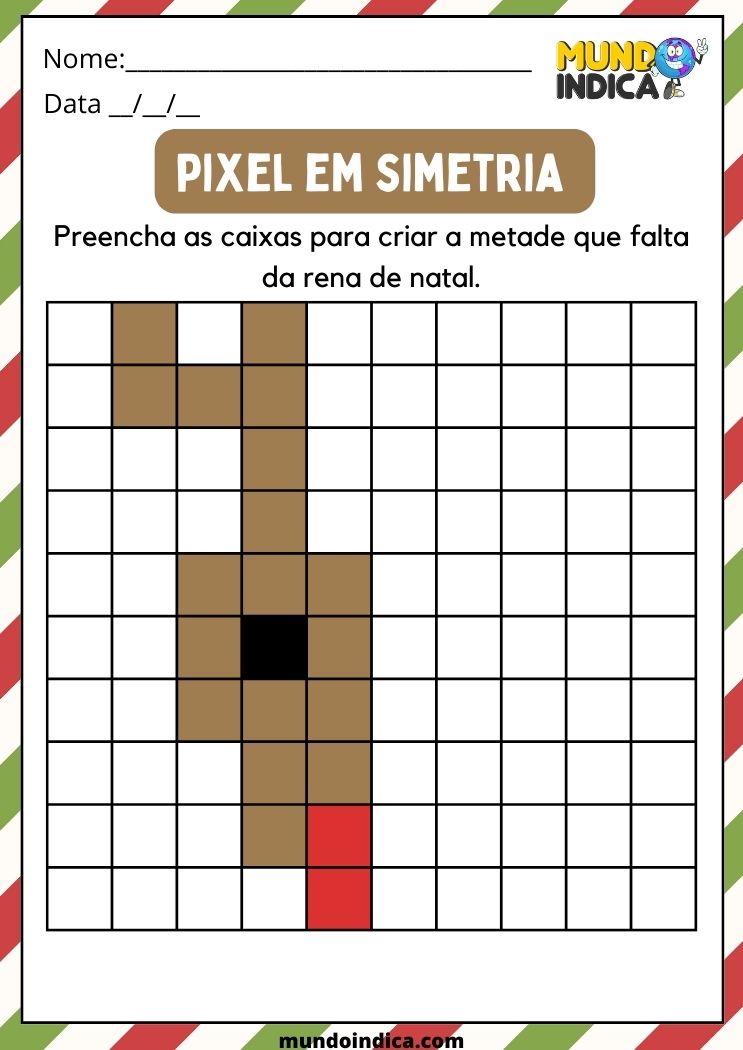 Atividade de Simetria com Pixel para Deficiência Intelectual Crie a Metade que Falta da Rena de Natal para Imprimir