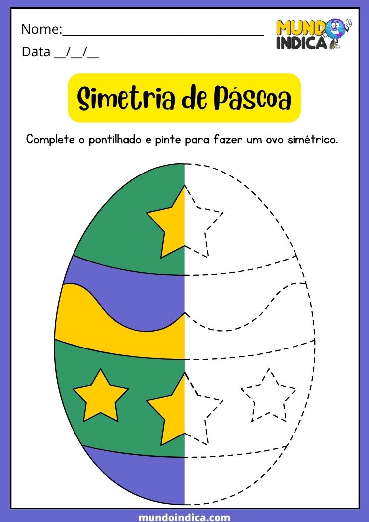 Atividade de Simetria do Ovo de Páscoa para Completar o Pontilhado e Pintar a Outra Metade para Educação Infantil para Imprimir