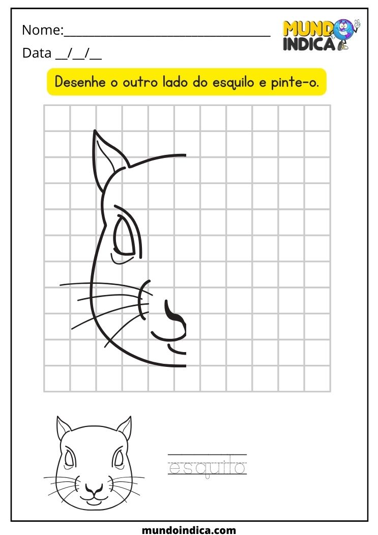Atividade de Simetria para Alunos com Deficiência Intelectual Desenhe Simetricamente o Esquilo e Pinte-o para Imprimir