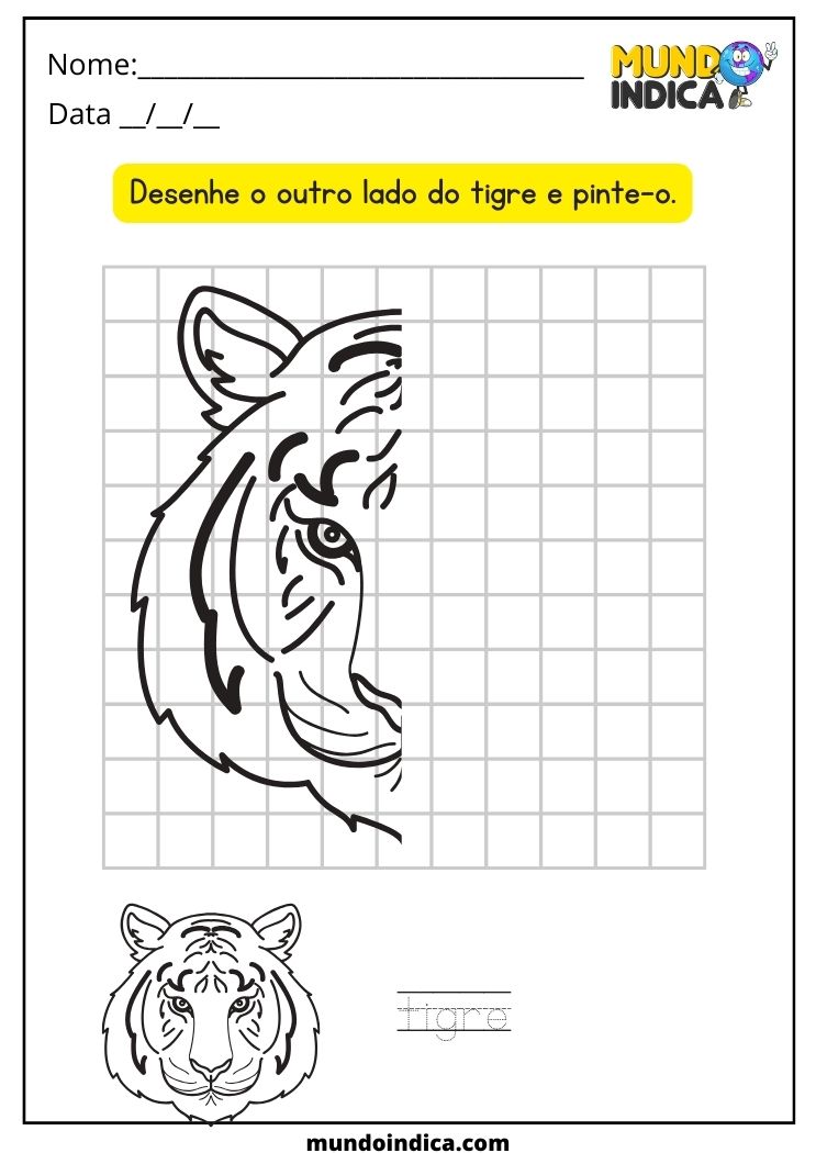 Atividade de Simetria para Alunos com Deficiência Intelectual Desenhe o Outro Lado do Tigre e Pinte-o para Imprimir