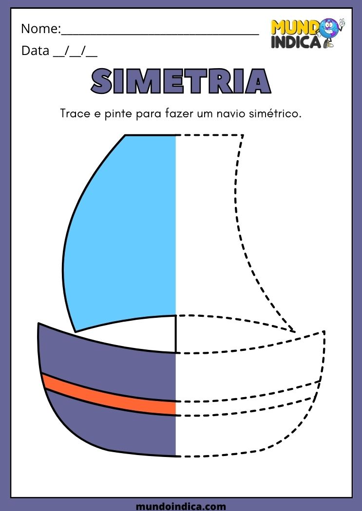 Atividade de Simetria para Dislexia Trace e Pinte Para Fazer um Navio Simétrico para Imprimir