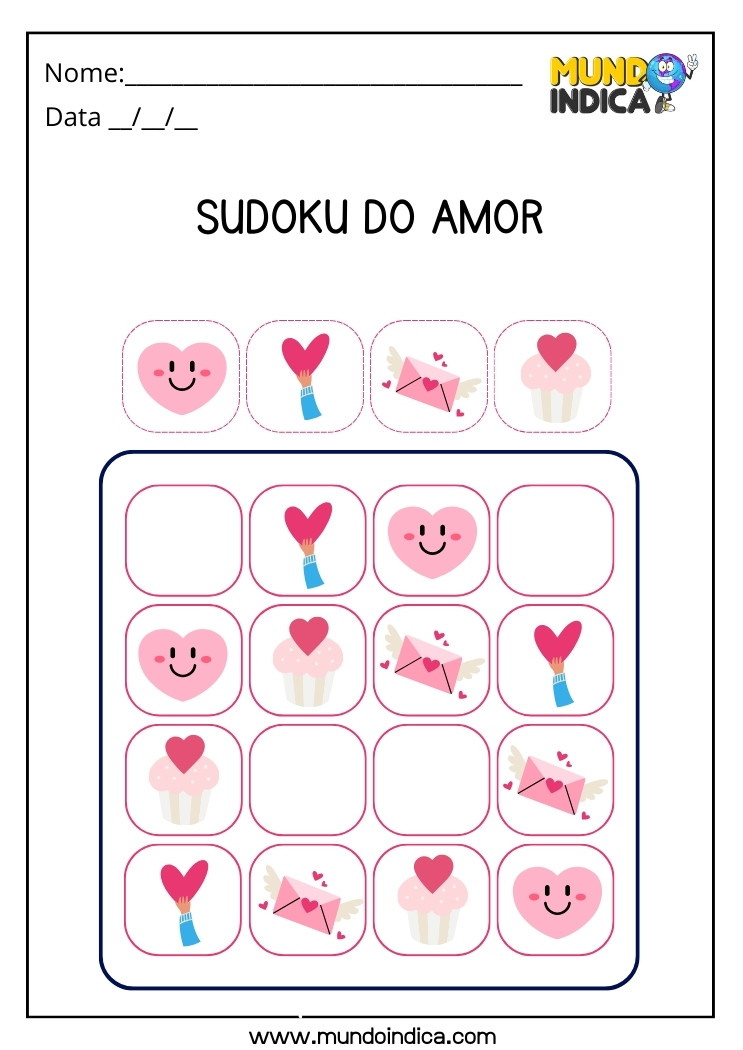 Atividade de Sudoku Fácil com Figuras do Amor para Imprimir