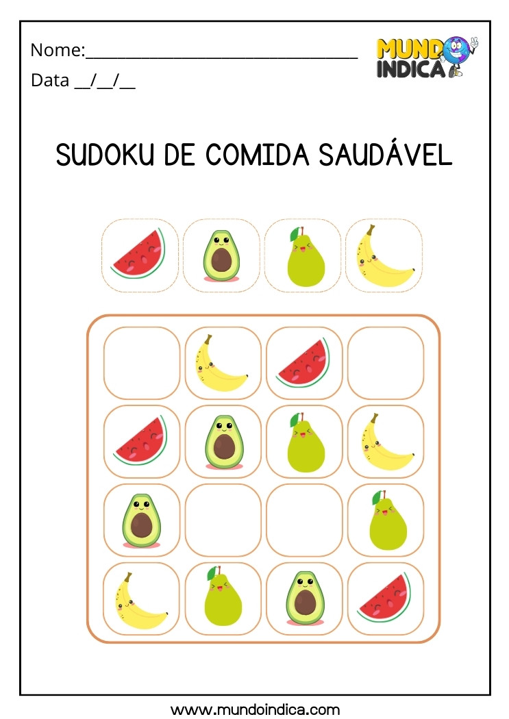 Atividade de Sudoku Fácil com Imagens de Comida Saudável para Imprimir