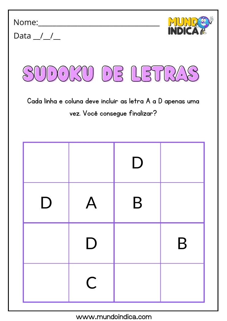 Atividade de Sudoku Fácil com Letras de A a D para Imprimir