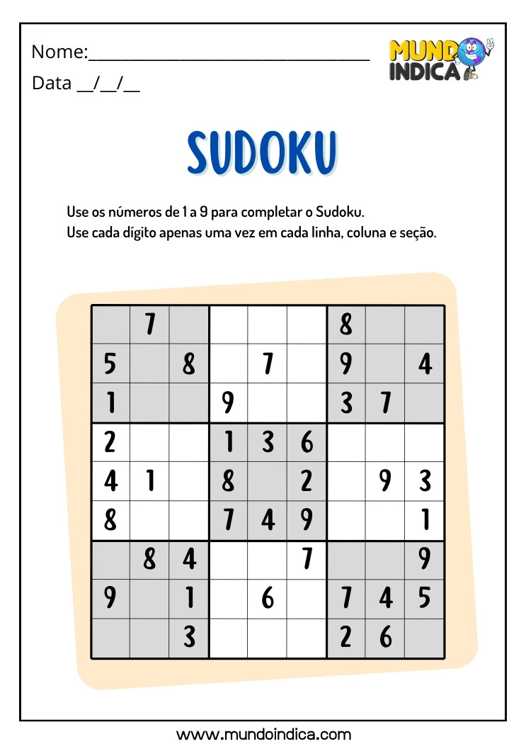 Atividade de Sudoku Nível Médio para Imprimir