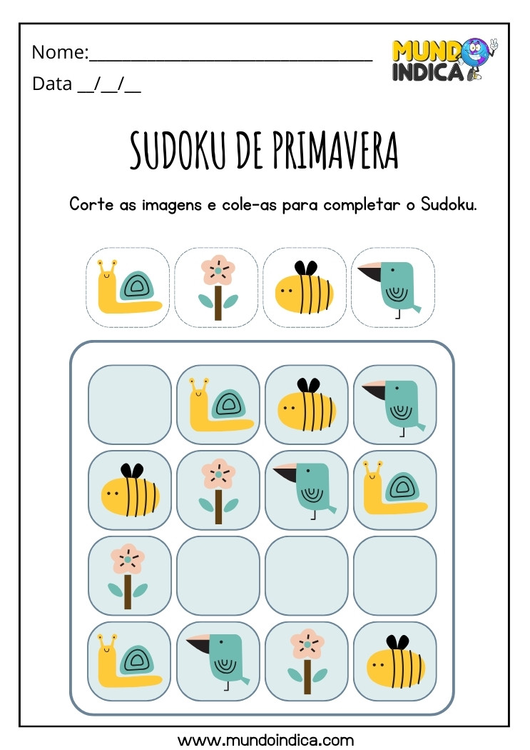 Atividade de Sudoku da Primavera Corte as Imagens e Cole para Completar o Sudoku para Imprimir