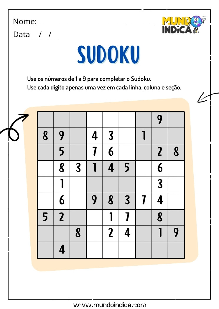 Atividade de Sudoku de 1 a 9 para Imprimir