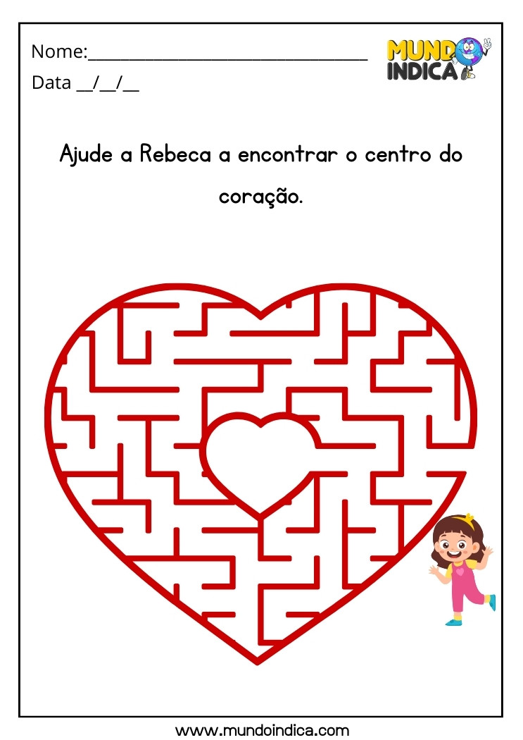 Atividade de labirinto para autismo ajude a Rebeca a encontrar o centro do coração para imprimir 