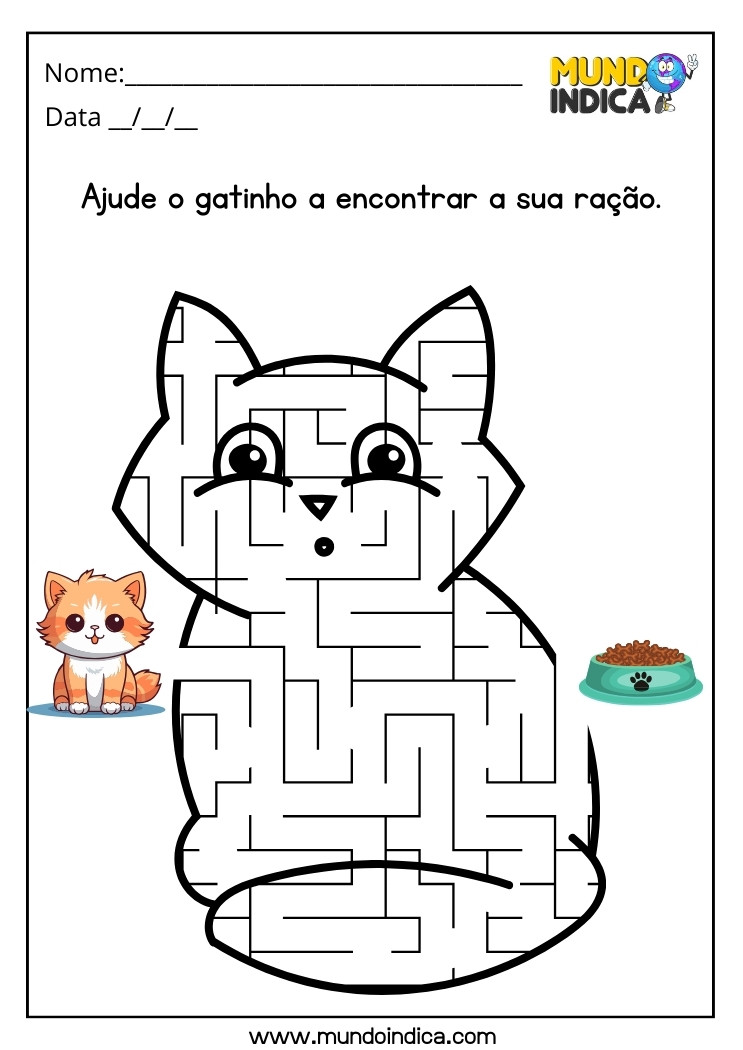 Atividade de labirinto para autismo ajude o gatinho a encontrar a ração para imprimir 