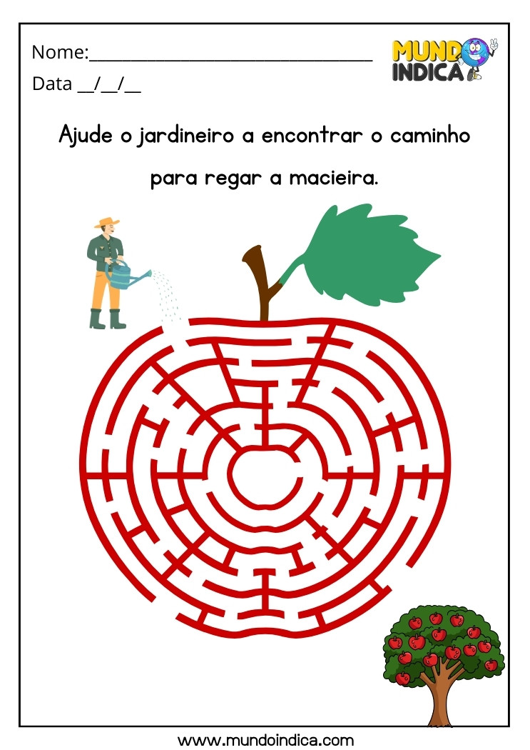 Atividade de labirinto para autismo ajude o jardineiro a encontrar o caminho para regar a macieira para imprimir 