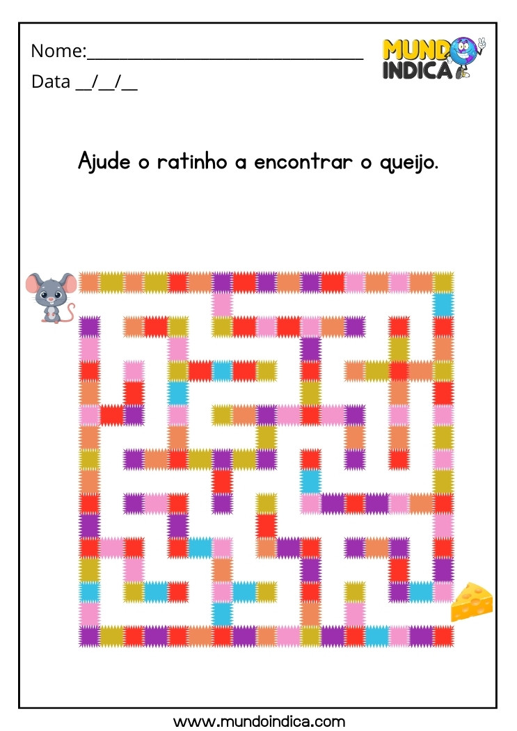 Atividade de labirinto para autismo ajude o ratinho a encontrar o queijo para imprimir 