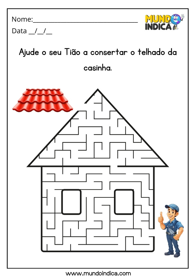 Atividade de labirinto para autismo ajude o seu Tião a consertar o telhado da casinha para imprimir 