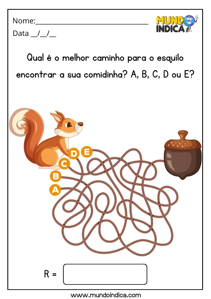 Atividade de labirinto para autismo qual é o melhor caminho para o esquilo encontrar a sua comidinha para imprimir 