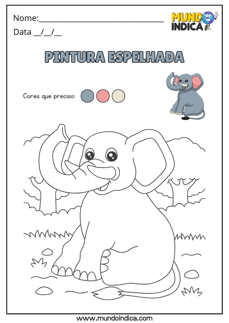 Atividade de pintura espelhada do elefantinho para educação infantil para imprimir