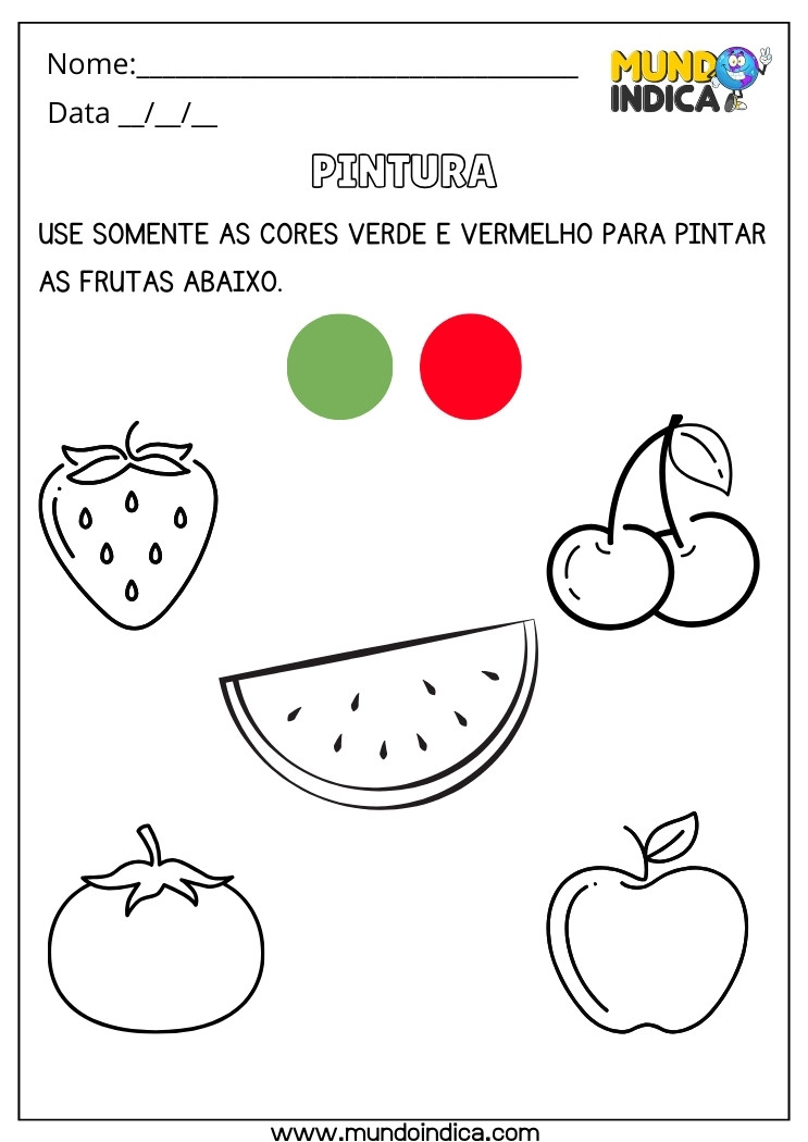 Atividade de pintura para educação infantil 3 ano use somente as cores verde e vermelho para pintar as frutas para imprimir