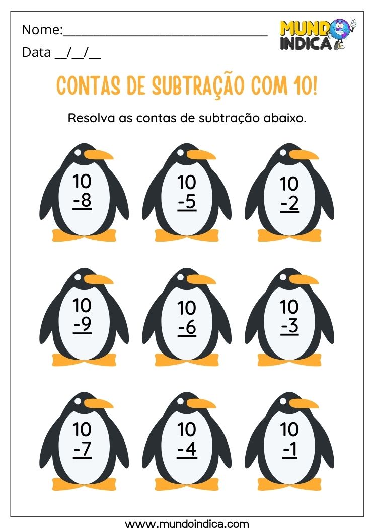 Atividade para Autismo 8 anos subtração nos pinguins com o número 10 para imprimir