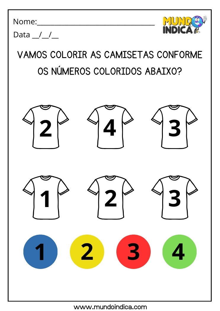 Atividade para Educação Especial Pinte as Camisas Conforme os Números Coloridos para Imprimir