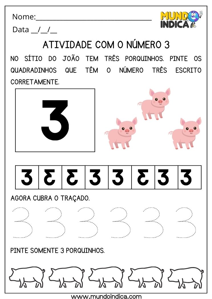 Atividade para educação infantil 1 ano pinte os porquinhos e cubra o traçado do número 3 para imprimir
