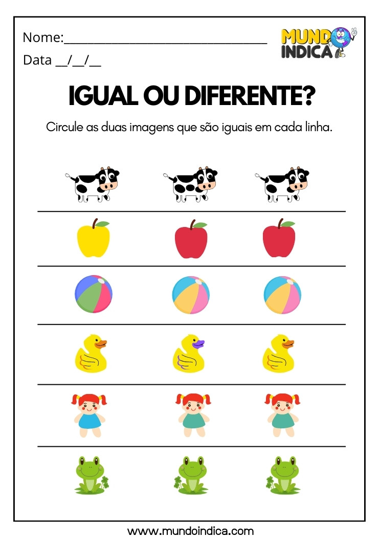 Atividade sobre Igual e Diferente para Educação Infantil Circule as Imagens Iguais em Cada Linha para Imprimir