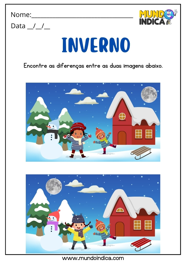 Atividade Encontre as Diferenças nas Imagens de Inverno para Educação Infantil para Imprimir