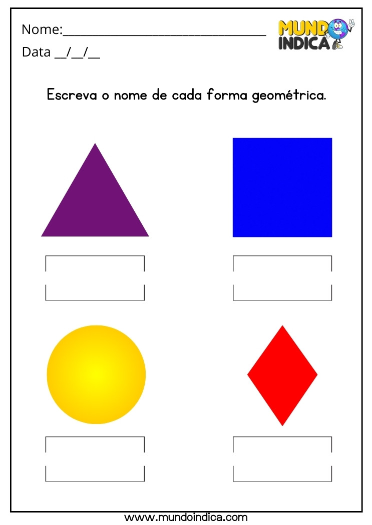 Atividade Escreva o Nome de Cada Forma Geométrica Colorida para Crianças da Educação Infantil para Imprimir
