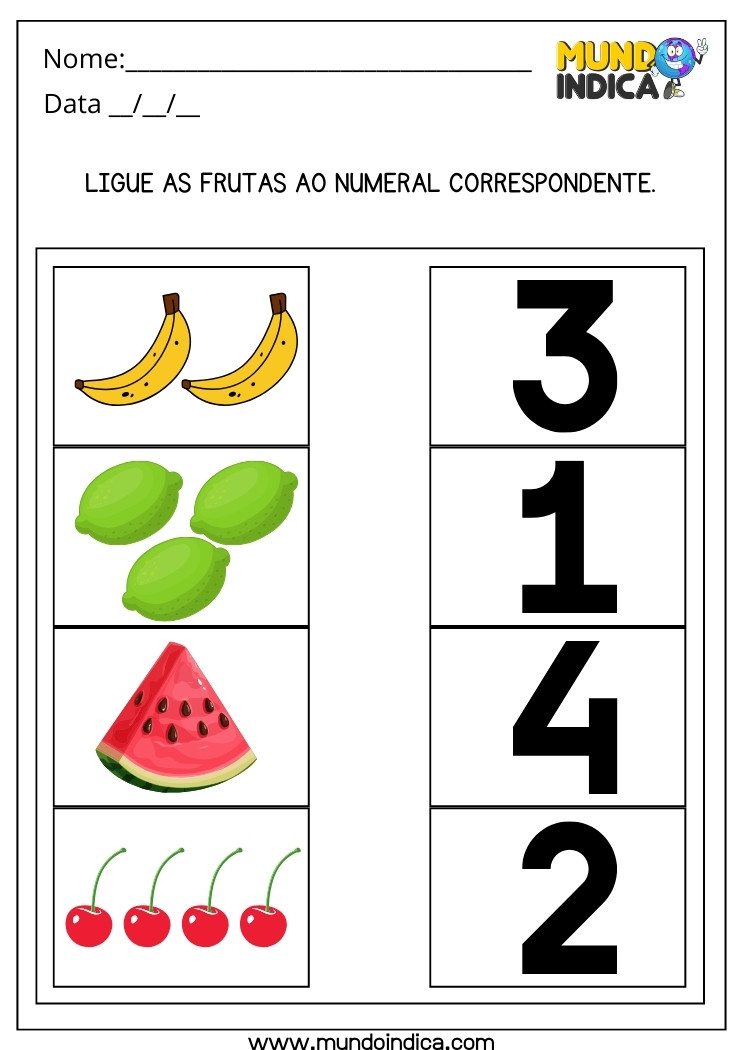 Atividade Ligue as Frutas ao seu Numeral Correspondente para Maternal para Imprimir