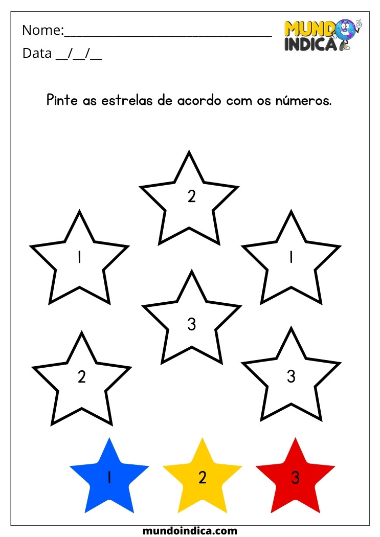 Atividade Pinte as Estrelas de Acordo com os Números com Cores Primárias para Educação Infantil para Imprimir