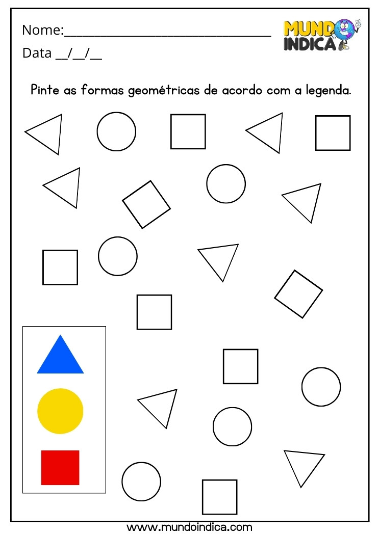 Atividade Pinte as Formas Geométricas de Acordo com a Legenda de Cores para Educação Infantil para Imprimir