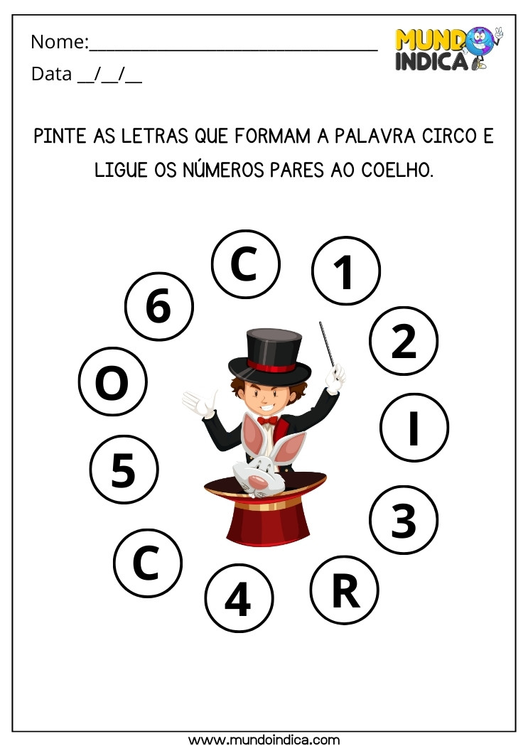 Atividade Pinte as Letras que Formam a Palavra Circo e Ligue os Números Pares ao Coelho para Educação Infantil para Imprimir