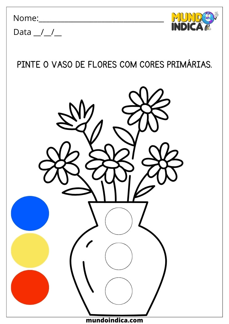 Atividade Pinte o Vaso de Flores com Cores Primárias para Alunos da Educação Infantil para Imprimir