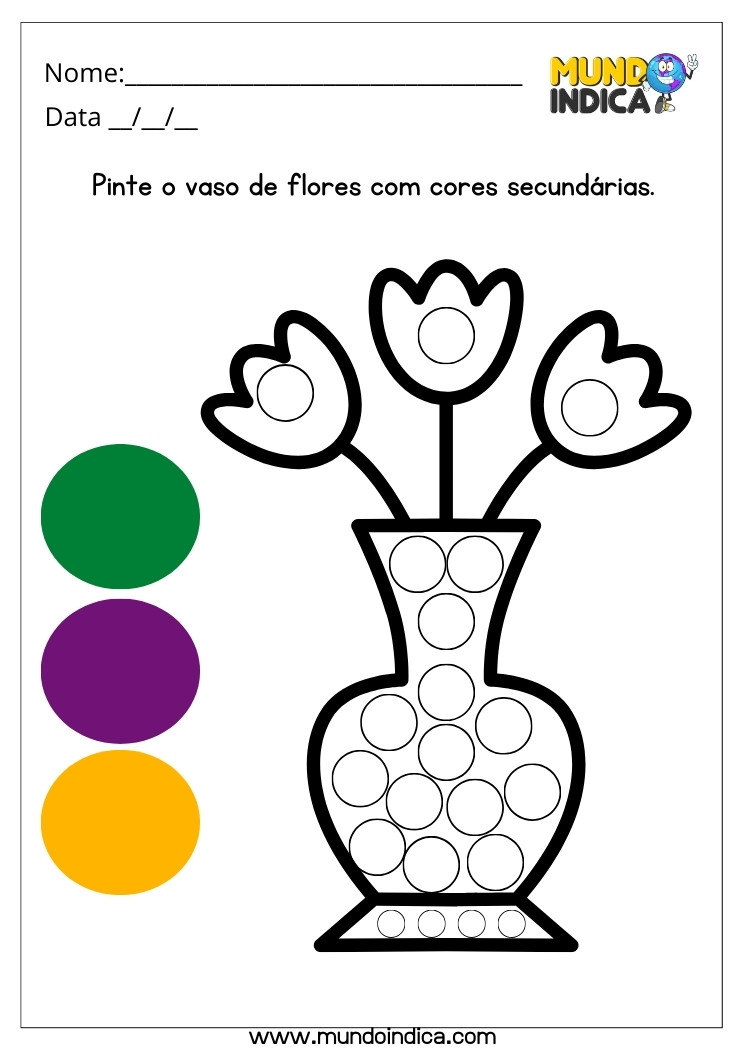 Atividade Pinte o Vaso de Flores com Cores Secundárias para Educação Infantil para Imprimir