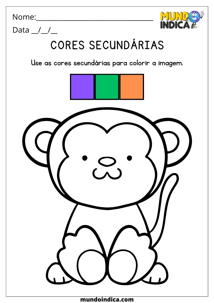 Atividade Use as Cores Secundárias para Colorir a Imagem do Macaco Fofo para Educação Infantil para Imprimir