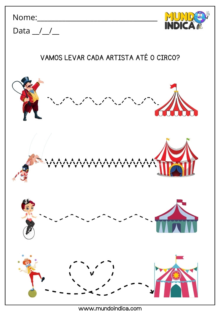 Atividade Vamos Levar Cada Artista ao Circo Através dos Pontilhados para Educação Infantil para Imprimir