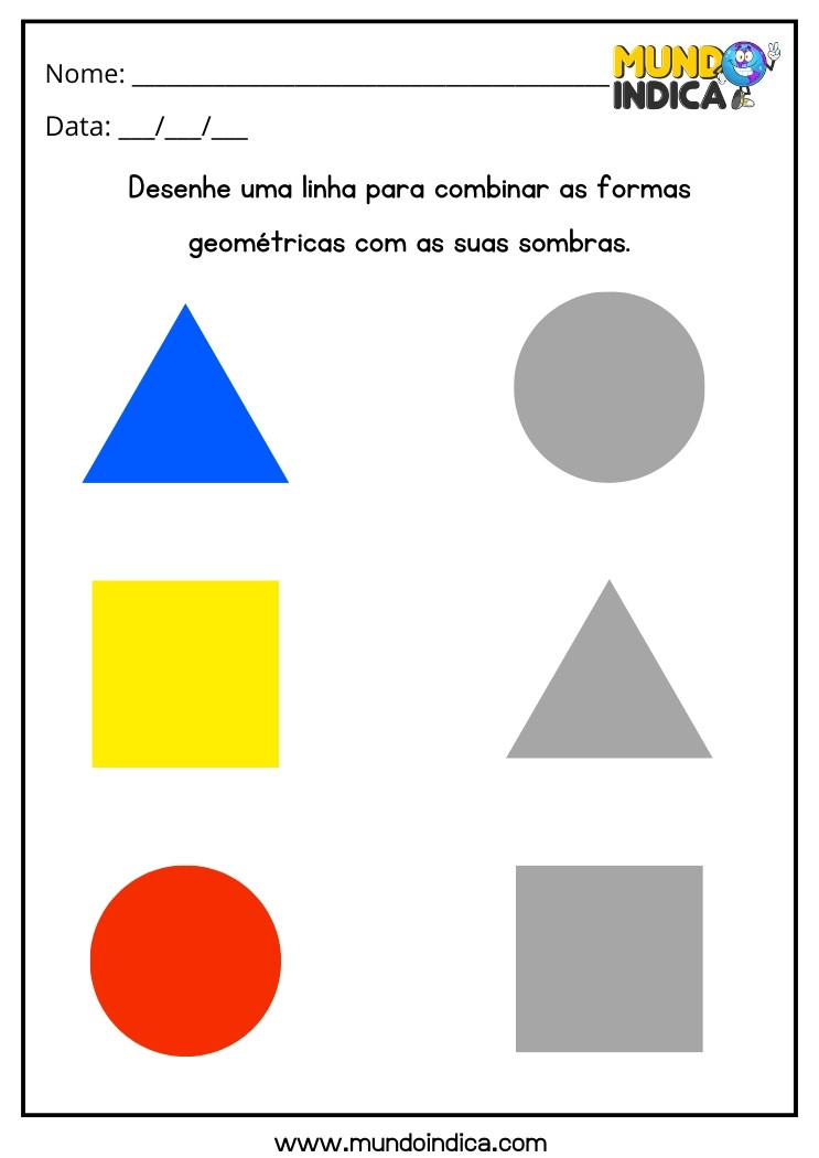 Atividade com Cores e Formas Geométricas para Educação Infantil Desenhe uma Linha para Combinar as Formas com suas Sombras para Imprimir