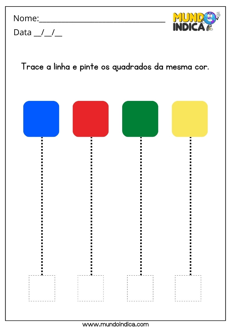 Atividade com Cores e Formas Geométricas para Educação Infantil Trace a Linha e Pinte os Quadrados da Mesma Cor para Imprimir