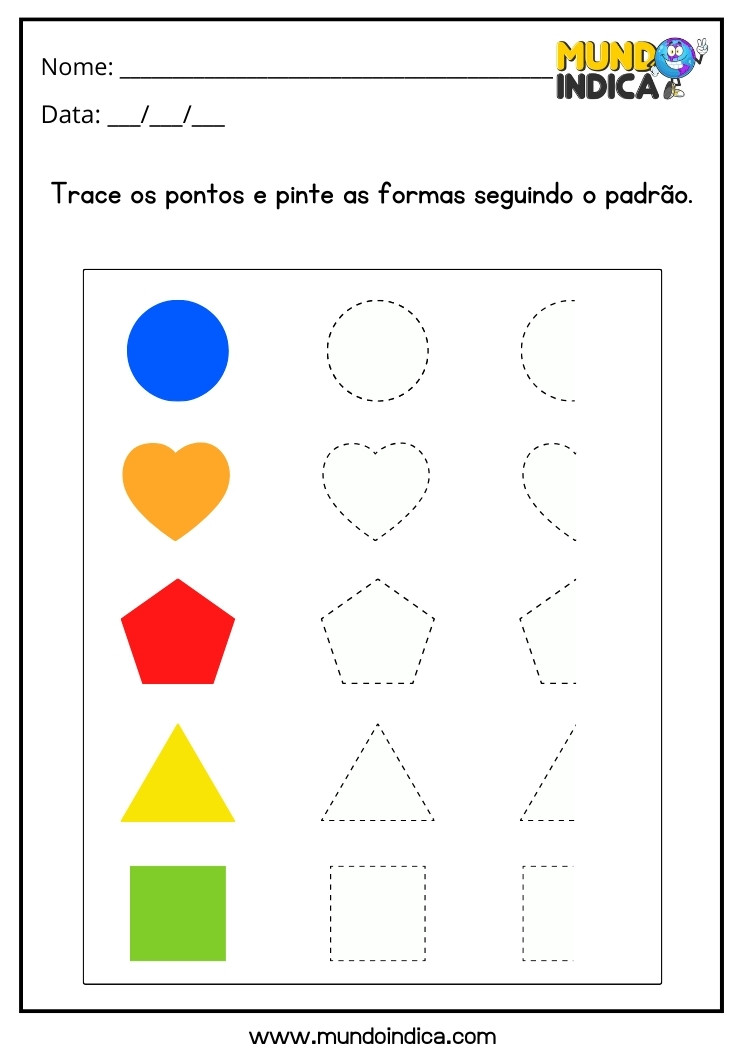 Atividade com Cores e Formas Geométricas para Educação Infantil Trace os Pontos e Pinte as Formas Seguindo o Padrão para Imprimir
